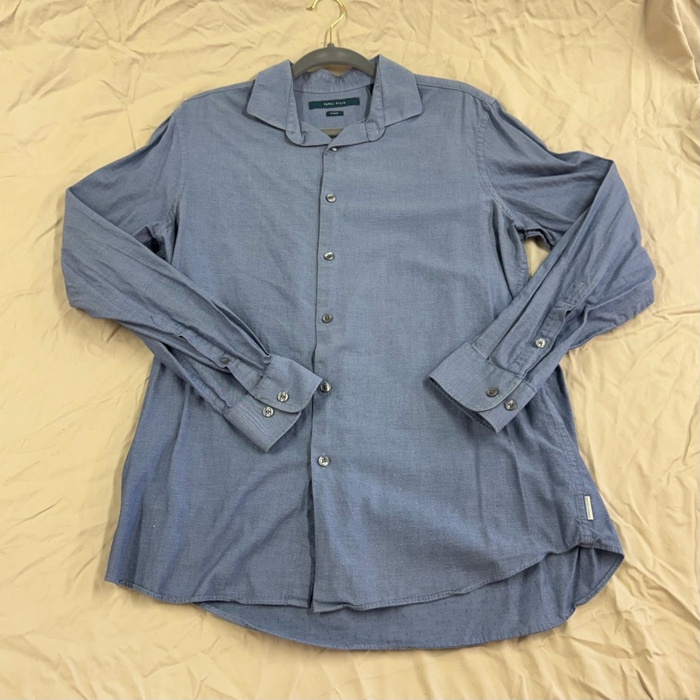Perry Ellis Men’s Button Down Shirt Large Slim Fit Blue Micro Dot 100% Cotton